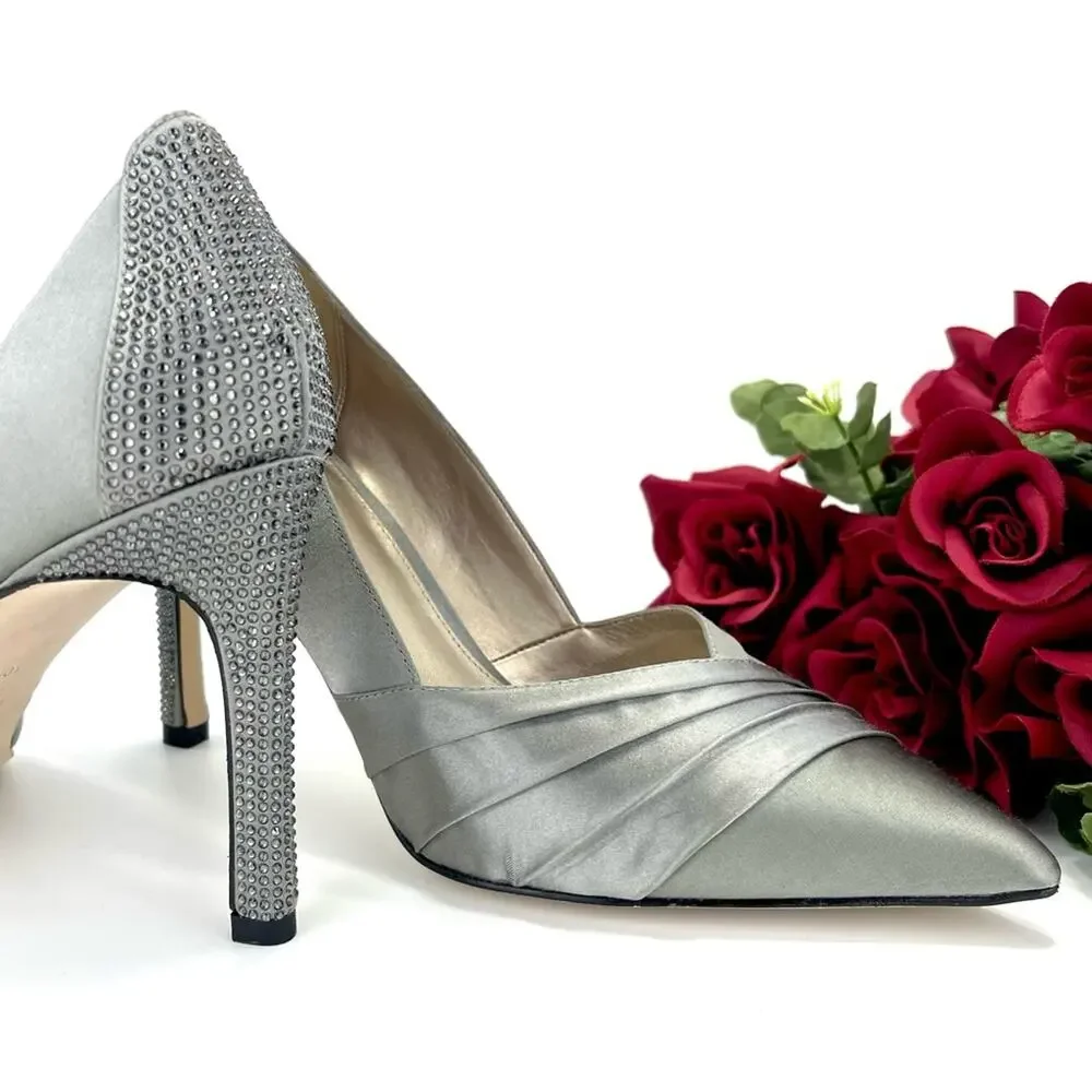 Pelle Moda Stiletto Pump Silver/Gray Satin Sparkly Rhinestone Along The Heel New